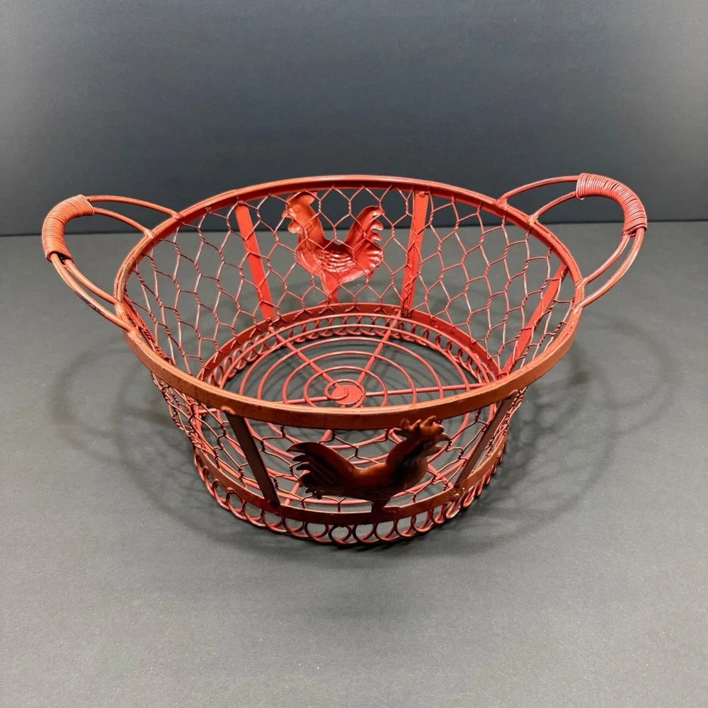 Vintage Style Red Metal Rooster Wire Basket Farmhouse Kitchen Decor Egg Holder